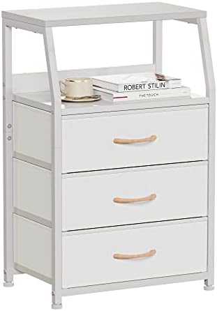 Furnulem White Night Stand with 3 Fabric Drawers , Small Bedside Table