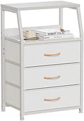 Furnulem White Night Stand with 3 Fabric Drawers , Small Bedside Table