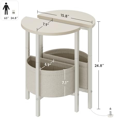 Vagusicc Small Round Side Table End Table, Tall Accent Table with Storage Basket, Set of 2 Half Round Tables Half Moon Tables, Coffee Bedside Tables, Modern Nightstand for Living Room Bedroom, Cream