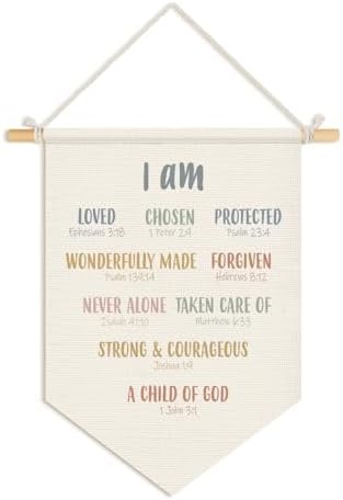 Wheatwin Christian Nursery Decor, I Am Inspirational Positive Affirmations Wall Hanging Pennant Flag Banner, Bible Verse Wall Decor for Kids Nursery Toddler Room Bedroom Playroom 15x11 Inch