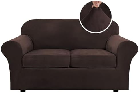 H.VERSAILTEX Real Velvet Plush 3 Piece Stretch Sofa Covers Couch Covers for 2 Cushion Couch Loveseat Covers Width Up to 72 Inch Feature Thick Soft Stay in Place (Medium Sofa, Brown)