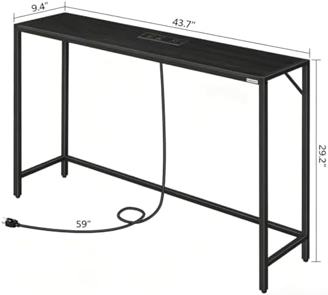 MAHANCRIS 43.7”Console Table with Outlet, Narrow Sofa Table with Charging Station, Entryway Table with Display Shelf, Behind Couch Table, Long Sofa Side Table, Living Room, Hallway, Black CTHB112E01