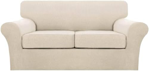 Turquoize 3 Piece Sofa Covers for 2 Cushion Couch Sofa Slipcover Soft Couch Cover for Dogs-Washable Sofa Furniture Covers with 2 Individual Cushion Covers (2 Cushion Sofa,Biscotti Beige)