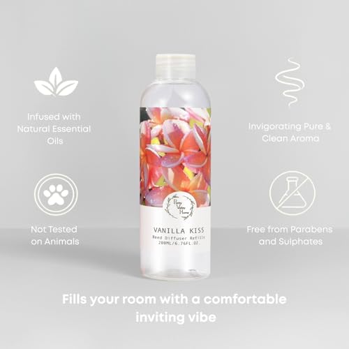 Reed Diffuser Refill Vanilla Kiss 6.76oz (200ml), Long-Lasting Floral Essential Oil, Home Fragrance for Bedroom, Bathroom Home Decor
