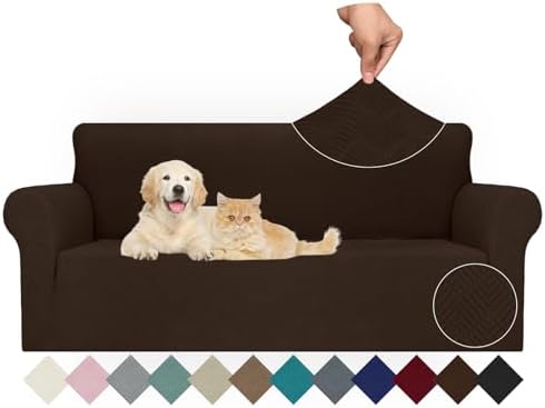 JIVINER Stretch Sofa Covers 1 Piece Couch Covers for 3 Cushion Couch Sofa, 3 Seater Sofa Slipcovers Furniture Protector with Elastic Bottom for Kids, Pets (Large, Coffee Rhomb)