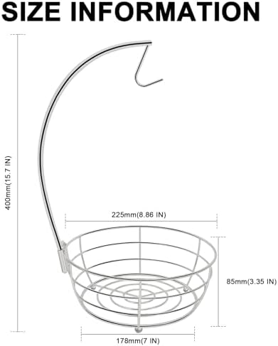 Livabber Countertop Fruit Basket Bowl with Banana Hanger, Modern Standing Fruit Vegetable Bowl Storage, with Banana Tree Holder for Kitchen Dinning Table (Round Metal, Chrome)