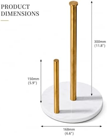 Brushed Gold Paper Towel Holder for Kitchen Countertop, 304 Stainless Steel Roll Dispenser with White Engineered Marble Weighted Base, Freestanding Paper Towel Stand for Standard Rolls