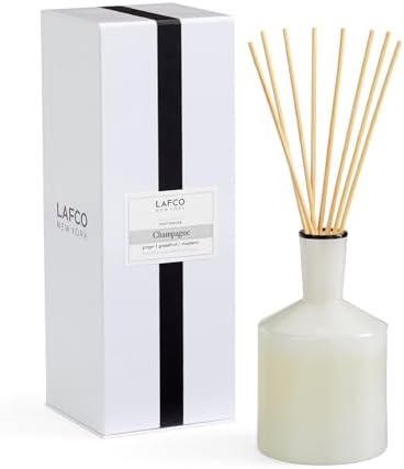 LAFCO New York Classic Reed Diffuser, Champagne - 6 oz - Up to 3 Months Fragrance Life - Reusable, Hand Blown Glass Vessel - Natural Wood Reeds - Made in the USA