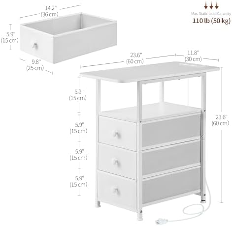 DALEMHOME Narrow End Table with Charging Station, Narrow Side Table with 3 Fabric Drawers, Slim Nightstand with LED Light, Small Table with Storage, Living Room, Bedroom, White HKET1303WT