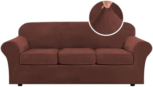 H.VERSAILTEX Modern Velvet Plush 4 Piece High Stretch Sofa Slipcover Sofa Cover Furniture Protector Form Fit Thick Velvet Sofa Cover for 3 Cushion Couch Width Up to 90 Inch (Sofa, Burnt Brick)