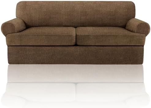 3 Pieces Sofa Covers fot T Cushion Loveseat Slipcover, Sofa Stretch Slip Covers for 2 Cushion Couch with 2 Individual T Shape Seat Covers (Chocolate, 2 Cushion)