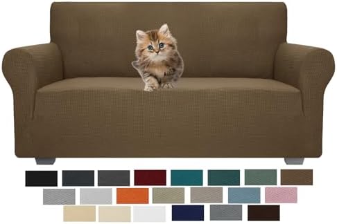 JIVINER High Stretch 1-Piece Jacquard Small Checks Couch Covers for 2 Cushion Couch Anti Slip Love Seat Sofa Covers Loveseat Slipcovers Protector for Kids Pets (Loveseat, Brown)