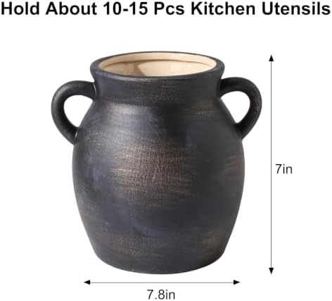 Ceramic Farmhouse Kitchen Utensil Holder for Countertop, Rustic Cooking Utensil Holder Crock Fit for Kitchen Counter. Bronze Color Scheme.