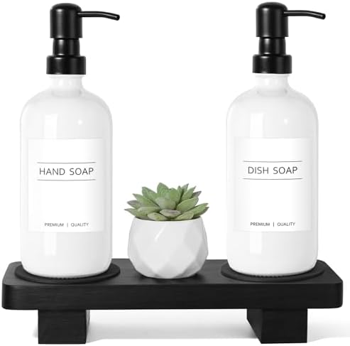KASUNTING Hand Soap Dispenser for Kitchen, White Soap Dispensers with Stainless Steel Pump, Bathroom Soap Dispenser Set with Wood Riser Tray, Kitchen Dish Soap Dispensers Bathroom Decor(White)