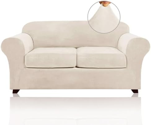 PrinceDeco Couch Cover Velvet Plush Sofa Covers for 2 Cushion Couch Width Up to 90 Inch Washable Furniture Protector Pet Friendly No Slip Sofa Slipcover(Medium-Large, Ivory)