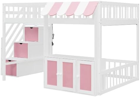 LUMISOL Full Size Loft Bed with Storage Steps and Under Bed Cabinets, Playhouse Loft Bed Frame with LED Light, White+Pink