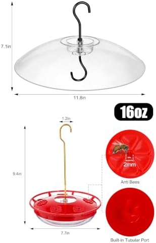 FEED GARDEN Hummingbird Feeder with Rainproof Dome, 16oz Nectar Feeder 11.8" Rain Guard Weatherproof Ant Moat Easy Fill & Clean Hanging Leak-Proof BPA-Free