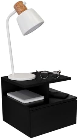 Tuhome Adele Floating Nightstand, Wall-Mounted Bedside Table with 1 Drawer and 2 Open Shelves, 11.6" H x 14" W x 13.2" D Small Night Stand for Compact Bedrooms, Engineered Wood