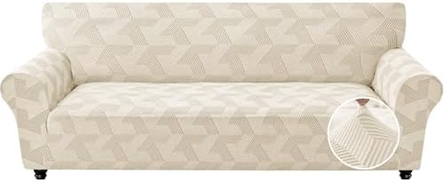 JIVINER 1 Piece Couch Cover for 3 Cushion Couch, Stretch Extra Large Sofa Covers with Elastic Bottom, Washable Oversized Sofa Slipcovers Feature Geometrical Jacquard Fabric (XL Sofa, Beige)