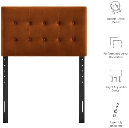 Modway Emily Twin Size Performance Velvet Headboard in Rust - Stain-Resistant Velvet Upholstery with Button Tufting and 7 Adjustable Height Positions