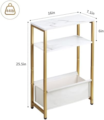 Narrow Side Tables Set of 2 for Small Spaces, Slim End Tables with Fabric Storage Basket, Thin Bedside Table with Faux Marble Tabletop for Living Room, Bedroom, Gold