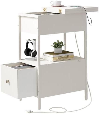 SOOWERY End Table with Charging Station, Narrow Side Table for Living Room