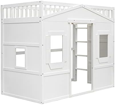 Twin Size Wood Loft Bed, House Bed Frame with Ladder and Safety Guardrails for Kids, No Box Spring Needed, White
