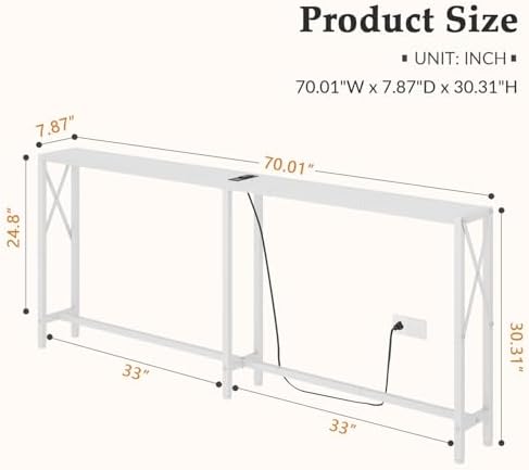 Gewudraw 70" Sofa Table Behind Couch with Socket-Narrow Console Table,White