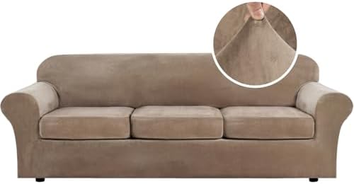H.VERSAILTEX Velvet Plush 4 Piece High Stretch Sofa Slipcover Cover Furniture Protector Form Fit Thick Velvet Extra Large Sofa Cover for 3 Cushion Couch Width Up to 105 Inch (XL Sofa, Camel)