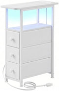 DALEMHOME Narrow End Table with Charging Station, Narrow Side Table with Drawer, Small Nightstand with LED Light, Skinny Nightstand, Small Bedside Table for Living Room, Bedroom, Couch, White