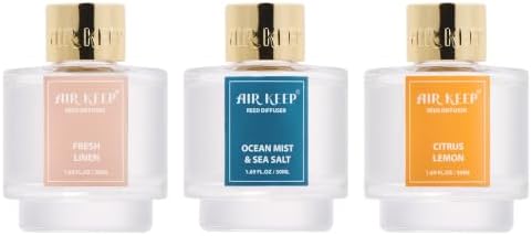 Airkeep Reed Diffuser Set of 3,Fresh Linen Ocean Mist&Sea Salt Citrus Lemon Oil Reed Diffusers for Bedroom Living Room Office Aromatherapy Oil Reed Diffuser for Gift 50ml x 3