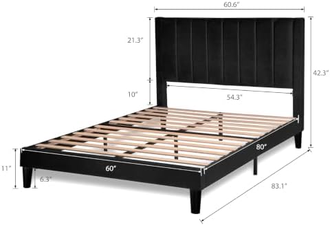 Allewie Queen Bed Frame/Velvet Upholstered Bed Frame with Vertical Channel Tufted Headboard/Strong Wooden Slats/Platform Bed Frame/Mattress Foundation/Box Spring Optional/Easy Assembly/Black