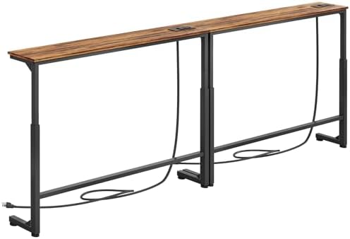 Kitstorack 2-Pack Narrow Console Table with Adjustable Height (25"-33") & 2 Power Outlets, Skinny Behind Couch Table, 78.8" Long x 5.9" Wide Sofa Side Table for Living Room, Rustic Brown