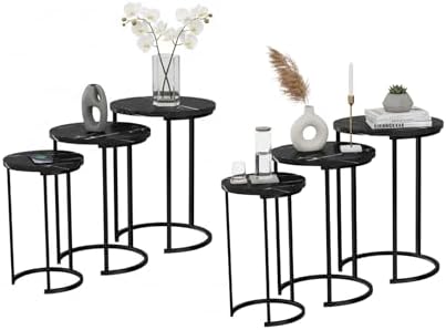 Lavish Home Round Nesting Tables Set of 6, Faux Marble Tabletop, Black