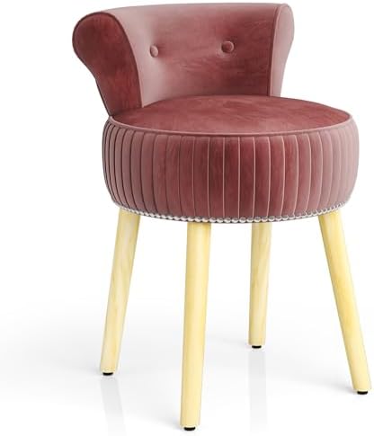 CHARMAID Velvet Vanity Chair for Bedroom, Elegant Accent Chair with Tufted Low Back, Solid Wood Legs, Upholstered Seat, Modern Makeup Stool for Dressing Room, Home Office (Burgundy & Natural)