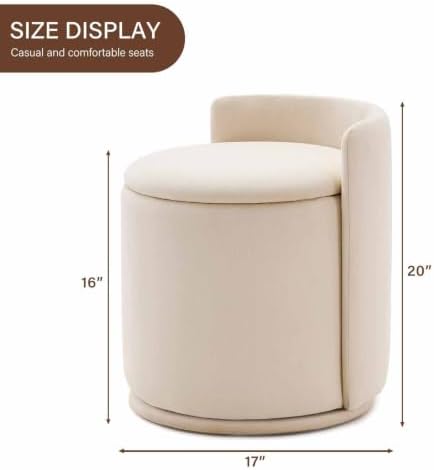 360° Swivel Makeup Chair with Storage, Upholstered Accent Stool with Back, Round Vanity Stool Ottoman for Living Room, Makeup Room, Bedroom (Cream)