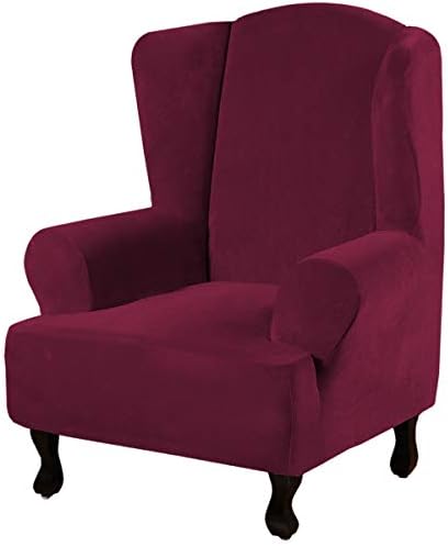 H.VERSAILTEX Wingback Chair Covers Velvet Plush Wing Chair Slipcover 1 Piece High Stretch Wing Back Chair Slipcovers Sofa Cover Furniture Cover with Elastic Bottom, Burgundy