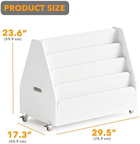 SpaceAid Double-Sided Mobile Bookshelf, Montessori Bookcase for Toddlers, Wooden Book Storage Organizer Shelf Furniture for Kids Rooms, Playroom, Nursery and Classroom, 29.5“ Wide 4-Tier, White
