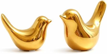 2 Ceramic Bird Figurines, Gold Bird Statues for Shelf and Bookshelf Decor