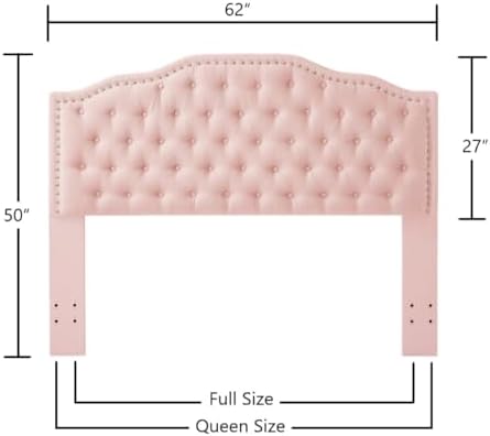 24KF Upholstered Button Tufted Queen Headboard with Nailhead Trim, Elegant Boucle Fabric Full headboard, 6031-Q-Boucle-Pink