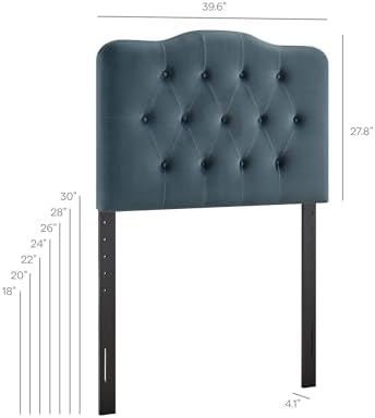Modway Annabel Performance Velvet Adjustable Twin Headboard in Cadet Blue - Stain-Resistant Padded Headboard Only with Diamond Button Tufting and 7 Height-Adjustable Positions