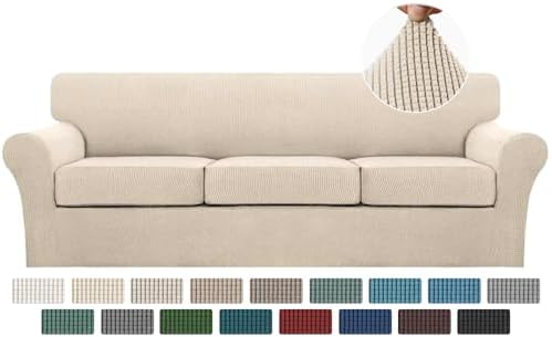 Turquoize 4 Piece Sofa Covers For 3 Cushion Couch Sofa Slipcover Soft Couch Cover For Dogs-Washable Sofa Furniture Covers With 3 Individual Large Cushion Covers Feature Fabric (XL Sofa,Biscotti Beige)
