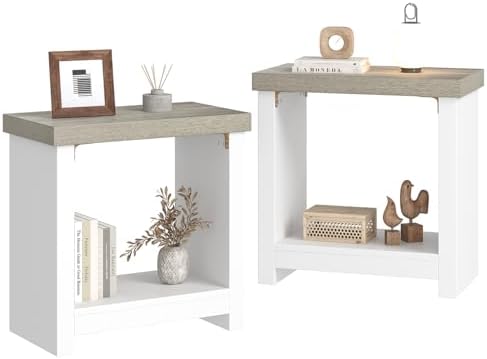 End Tables Set of 2 for Living Room, Narrow Side Tables with Storage Shelves, Square End Table for Bedroom, Slim Nightstand, Skinny Rectangle Accent Table, Farmhouse Bedside Table, White + Gray