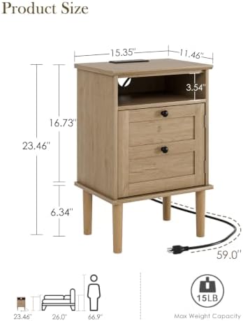 Nightstand with Charging Station, Boho Night Stand with 1 Drawer, Modern Side Accent Table with Open Shelf, Wooden Top Bedside End Table for Bedroom, Living Room, Natural