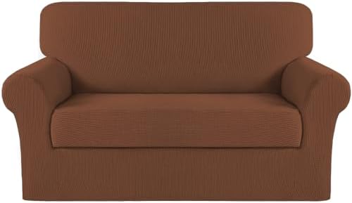 Turquoize Stretch Sofa Slipcover 2 Pieces Sofa Cover Couch Cover for 2 Cushion Couch Washable Furniture Protector Covers with Elastic Bottom Feature Thick Jacquard Fabric (Loveseat, Caramel)
