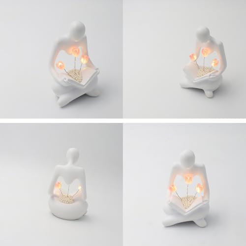 Reading Sculptures Tulip Lamp,Thinker Statue Figurine Battery Powered Night Light,Modern Abstract Home Decoration, Living Room Bookshelf Office Shelves Desk Decor,Aesthetic Gift