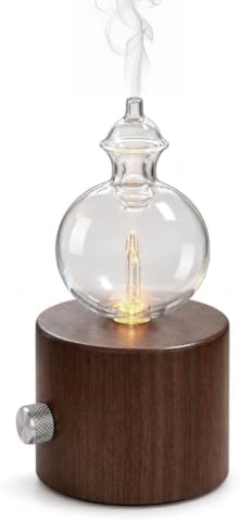 Waterless Essential Oil Diffuser, Cordless Rechargeable Glass Nebulizing Diffuser with Wood Base & Warm LED Light, Aromatherapy Diffuser for Home, Bedroom & Office