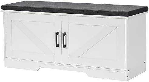 HOMSHO Farmhouse Shoe Storage Bench with 2 Barn Doors & Padded Seat Cushion