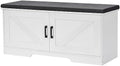 HOMSHO Farmhouse Shoe Storage Bench with 2 Barn Doors & Padded Seat Cushion