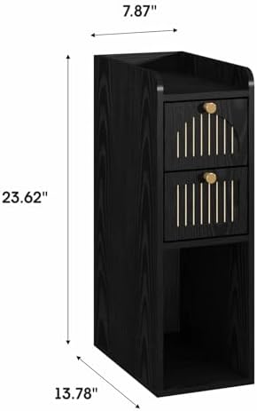 7.87" Narrow Nightstand Set of 2, Fluted Slim Bedside Table with 2 Drawers, Mid Century Modern Small End Table with Gold Metal Handles, for Bedroom, Living Room & Small Spaces - Black